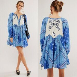 Free People Western Bohemian Patchwork Day Dreaming Mini dress Indigo Blue.